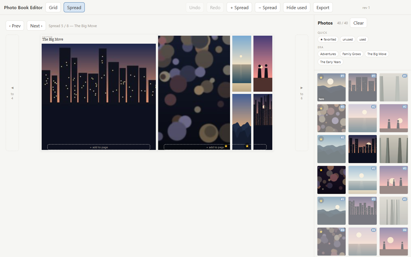 A finished spread: a full-page chapter opener facing a hero image with a grid of supporting photos